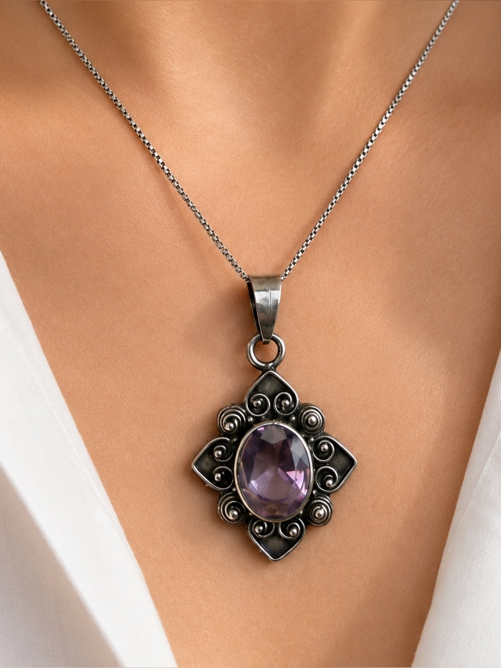 Estate Art Deco Style Sterling silver Pendant with Purple Quartz Faceted Stone